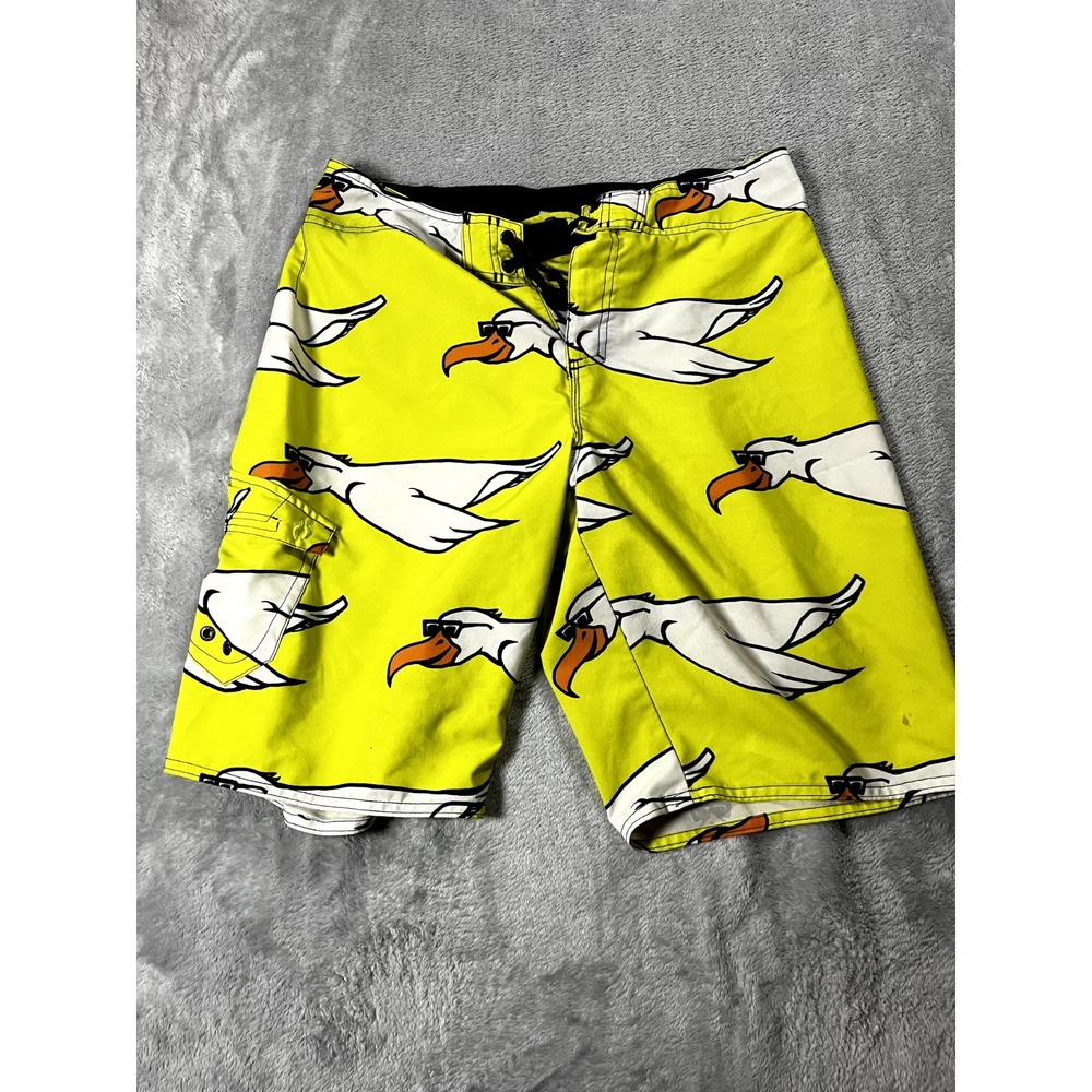 Hang Ten Mens Lime Yellow Sea Gull Print Swim Shorts Trunks Mesh Lined 34